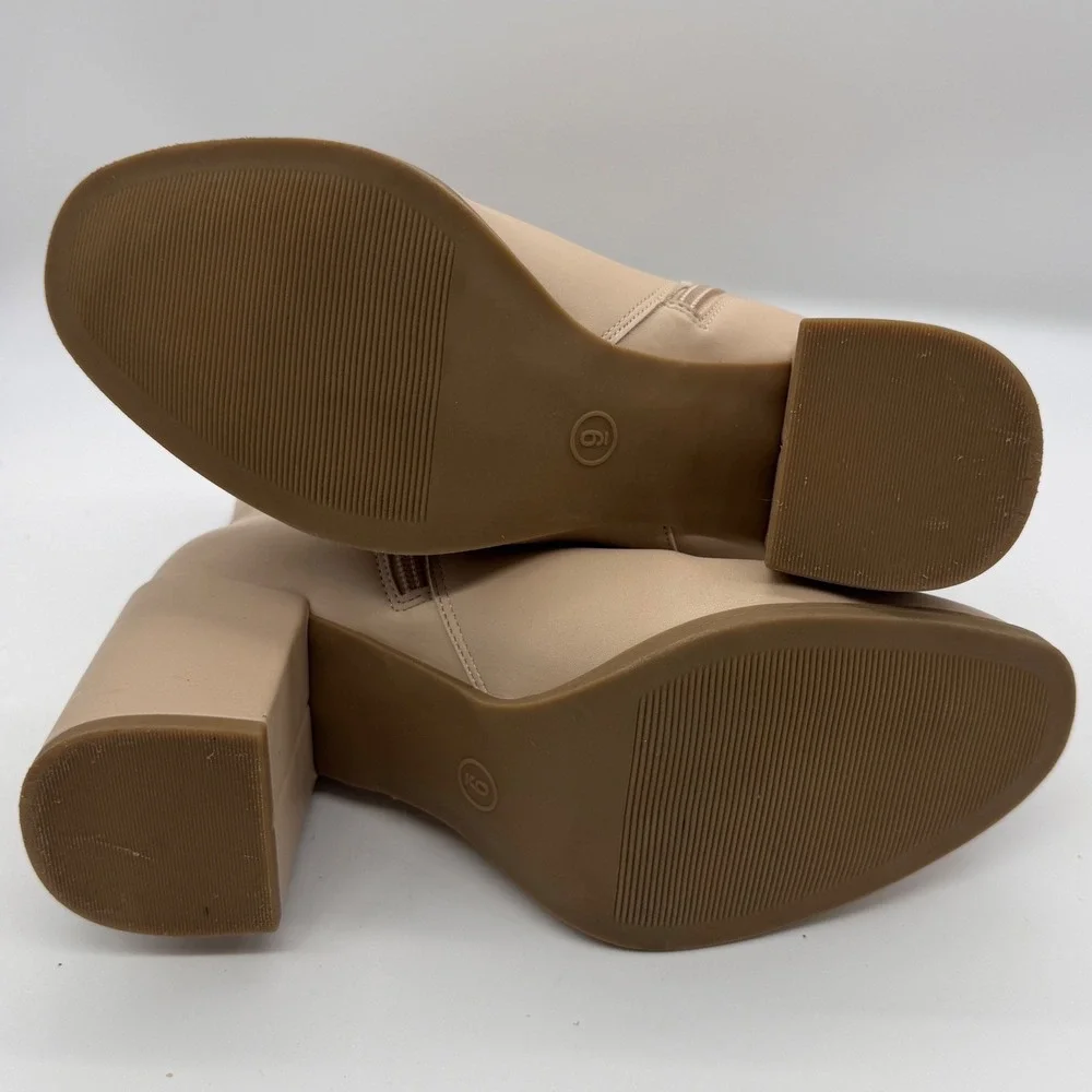 Ankle Boots Women 9 Beige‎ Block Heel Side Zip Round Toe Minimalist Casual